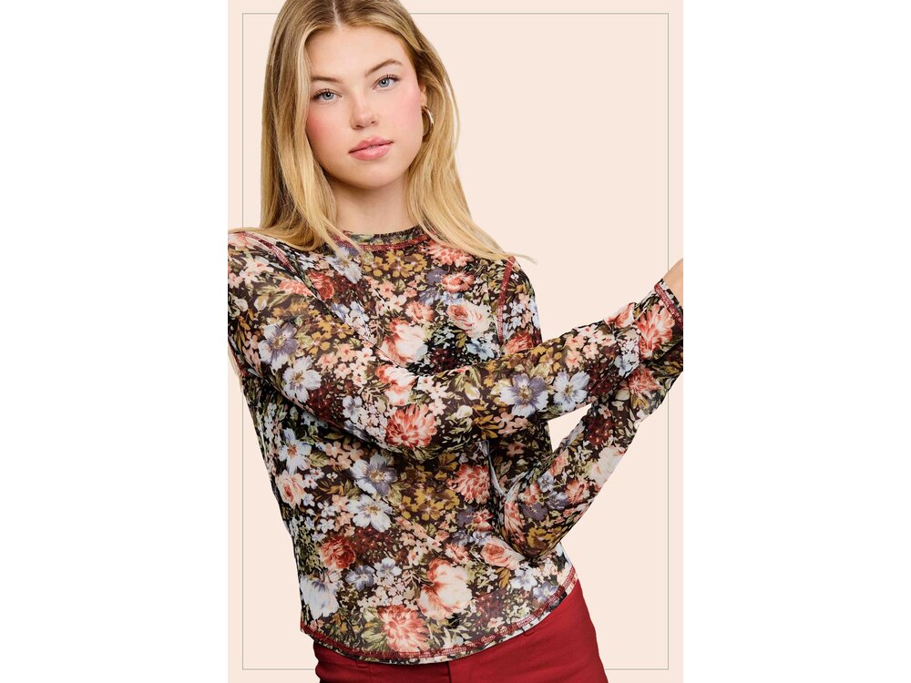 La Miel Sheer Floral Mesh Top - Black-