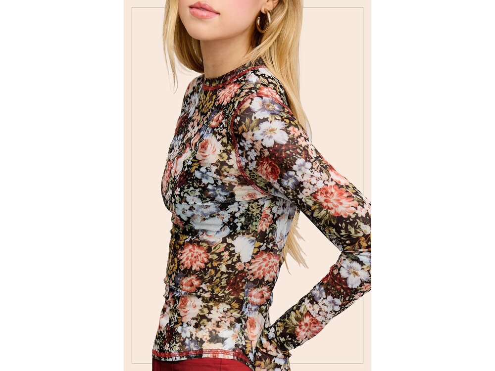 La Miel Sheer Floral Mesh Top - Black-