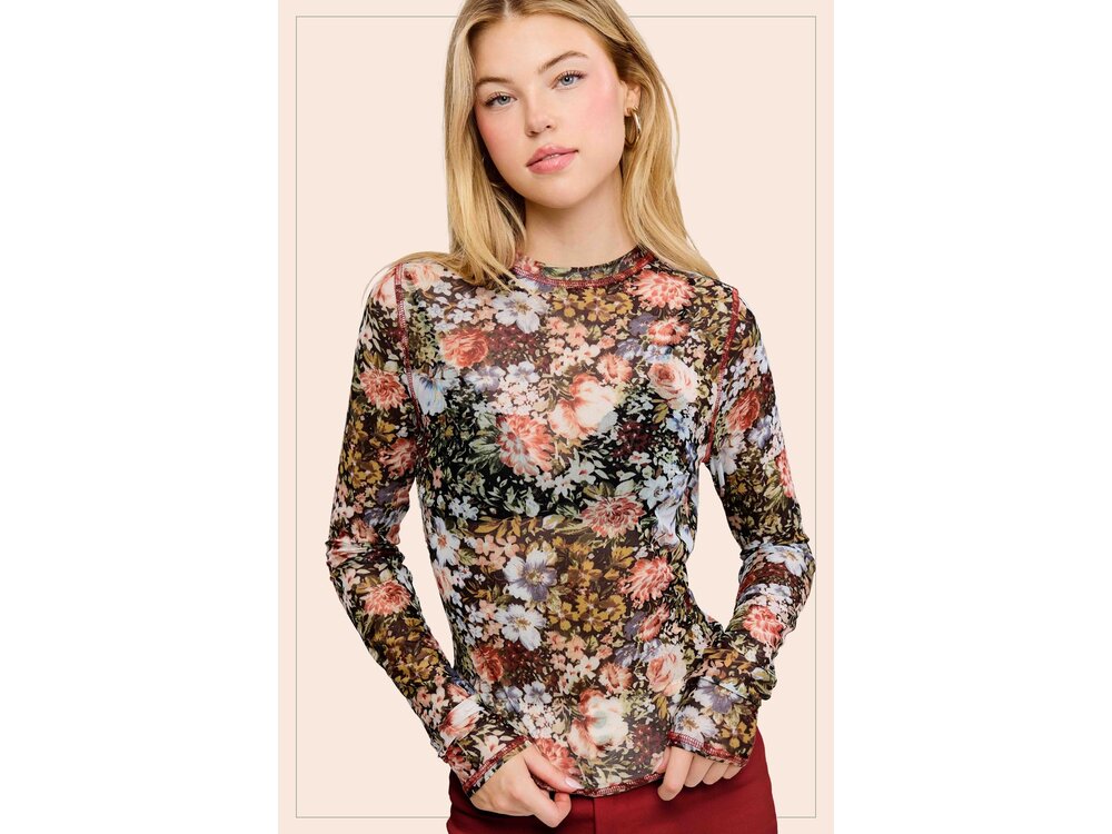 La Miel Sheer Floral Mesh Top - Black-