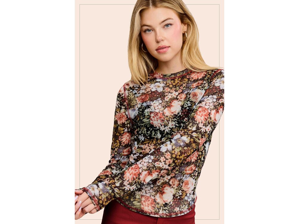 La Miel Sheer Floral Mesh Top - Black-