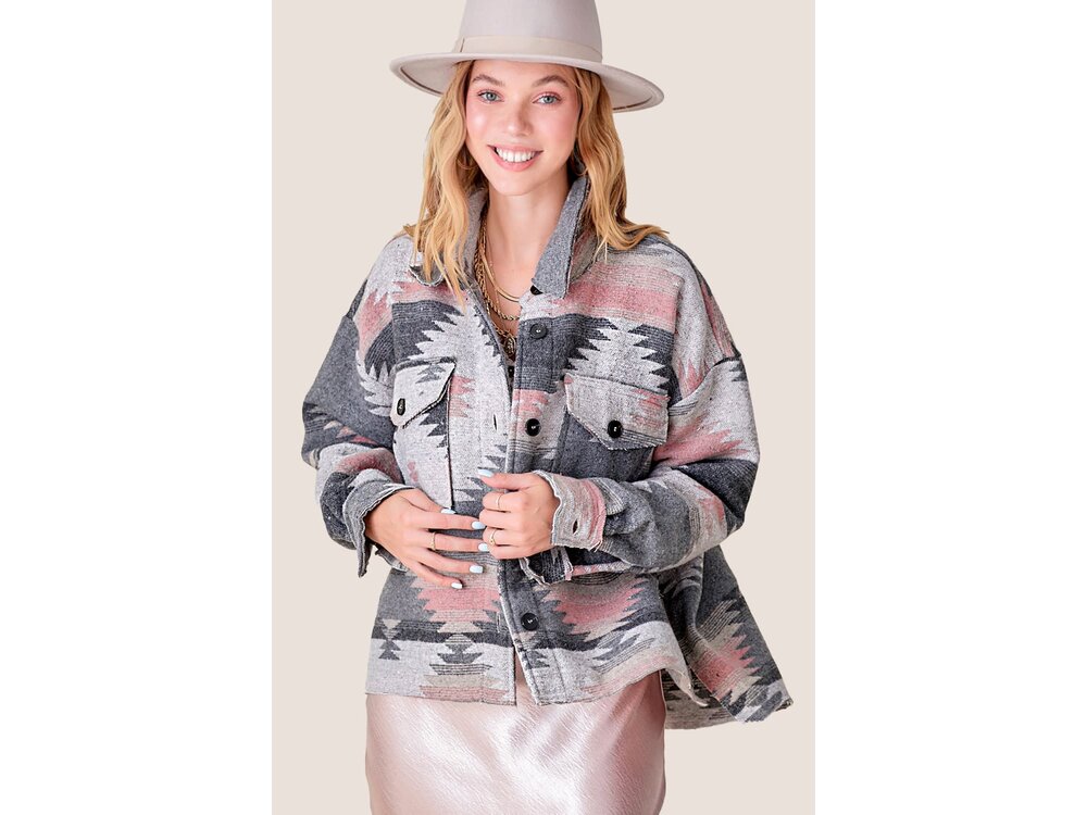 La Miel Aztec Print Shacket- Grey/Pink-