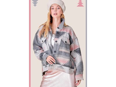 La Miel Aztec Print Shacket- Grey/Pink-