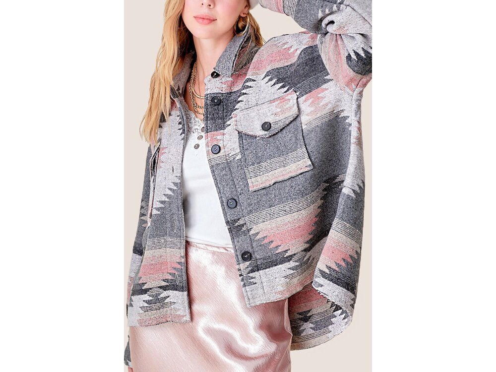 La Miel Aztec Print Shacket- Grey/Pink-