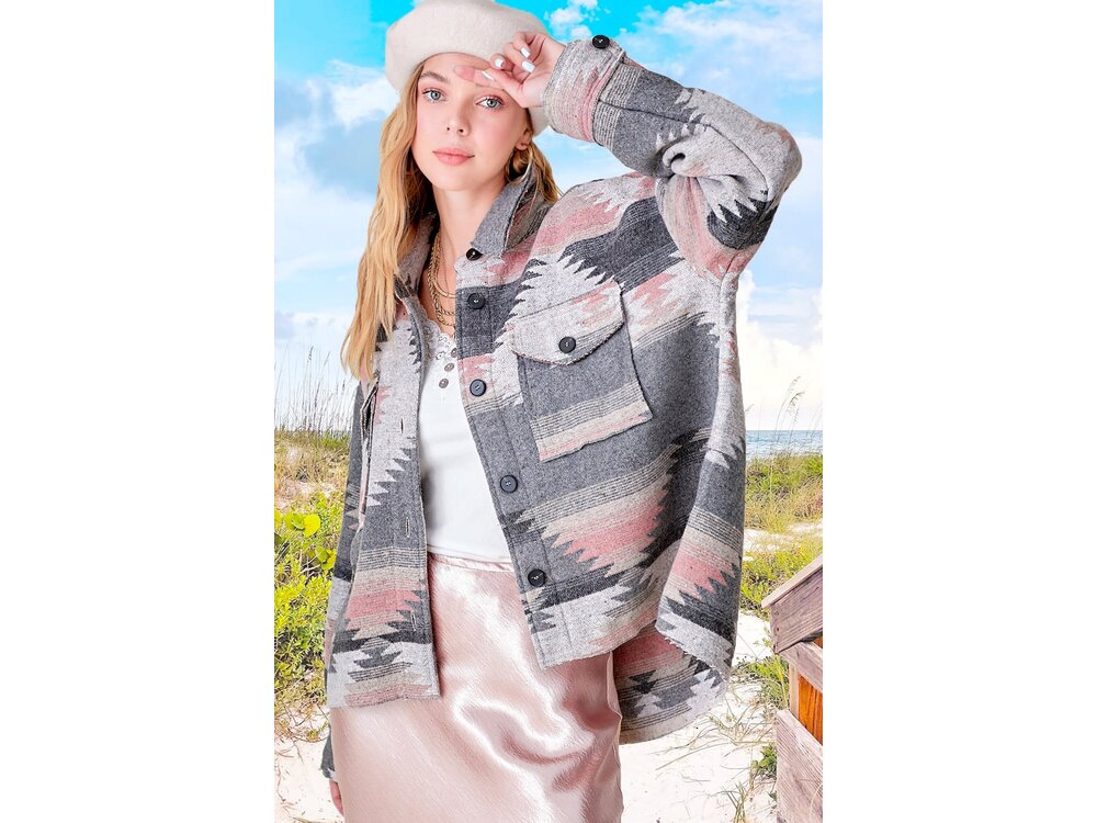 La Miel Aztec Print Shacket- Grey/Pink-