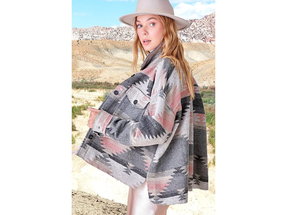 La Miel Aztec Print Shacket- Grey/Pink-