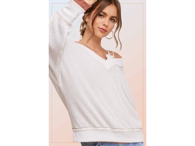 La Miel V-Neck Waffle Sweater-White-