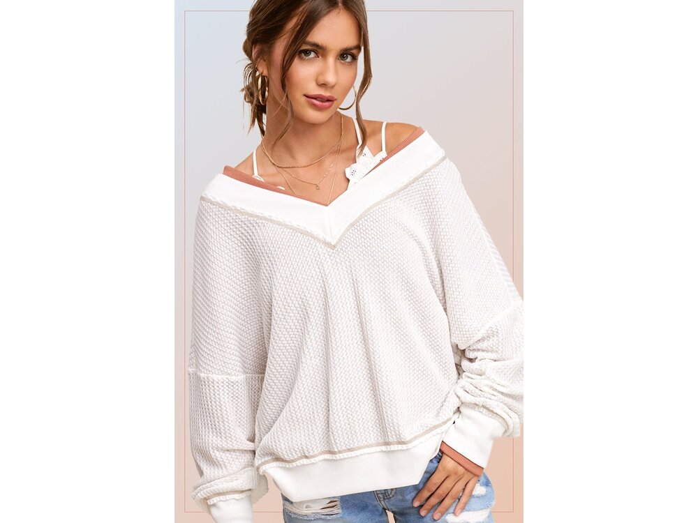 La Miel V-Neck Waffle Sweater-White-