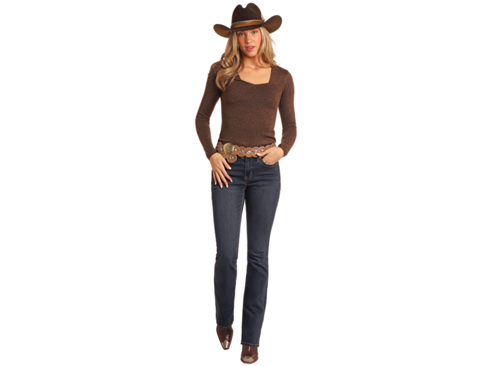 Rock and Roll Denim Shimmer Top- BW32T05288- Brown-