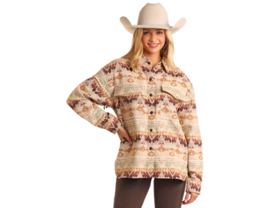 Rock and Roll Denim Aztec Shacket- BW92C05263- Eggshell-