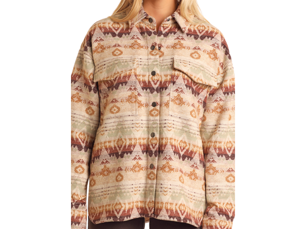 Rock and Roll Denim Aztec Shacket- BW92C05263- Eggshell-