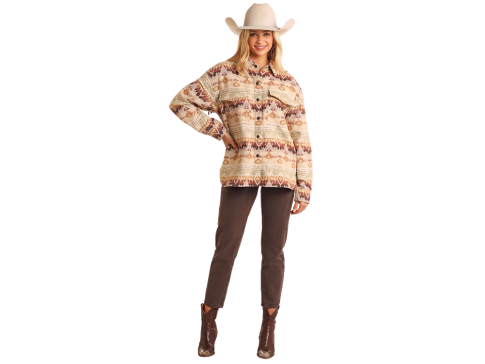 Rock and Roll Denim Aztec Shacket- BW92C05263- Eggshell-