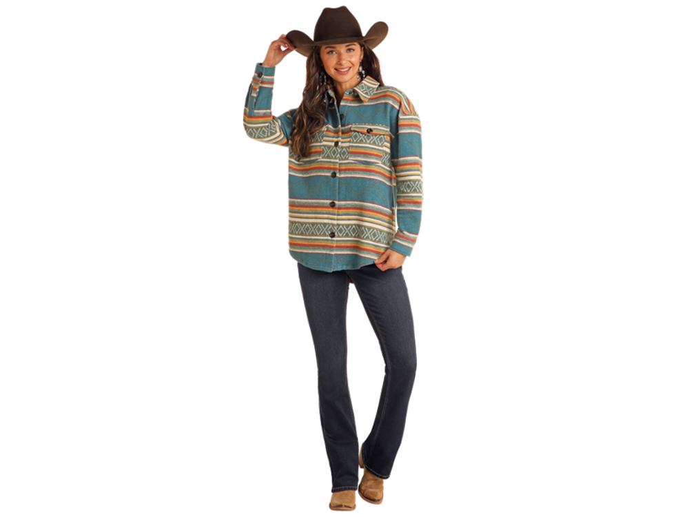 Rock and Roll Denim Aztec Shacket- BW92C05268-  Teal-