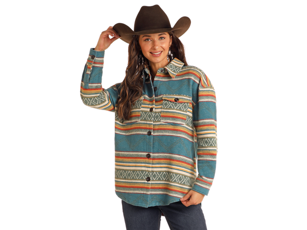Rock and Roll Denim Aztec Shacket- BW92C05268-  Teal-