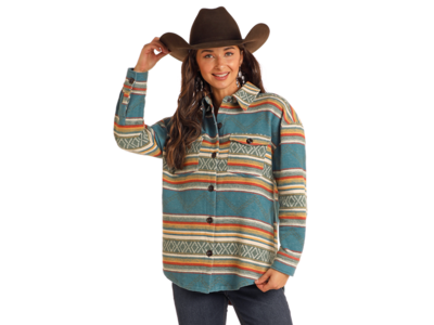 Rock and Roll Denim Aztec Shacket- BW92C05268-  Teal-