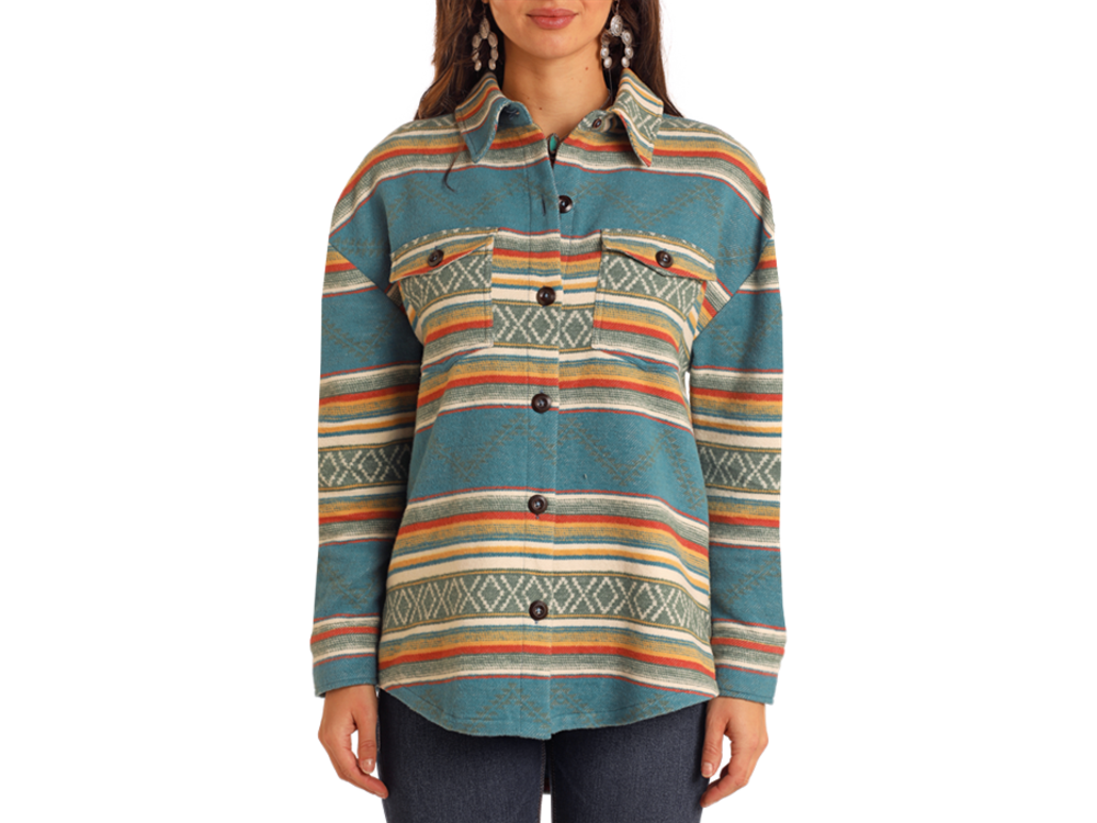 Rock and Roll Denim Aztec Shacket- BW92C05268-  Teal-