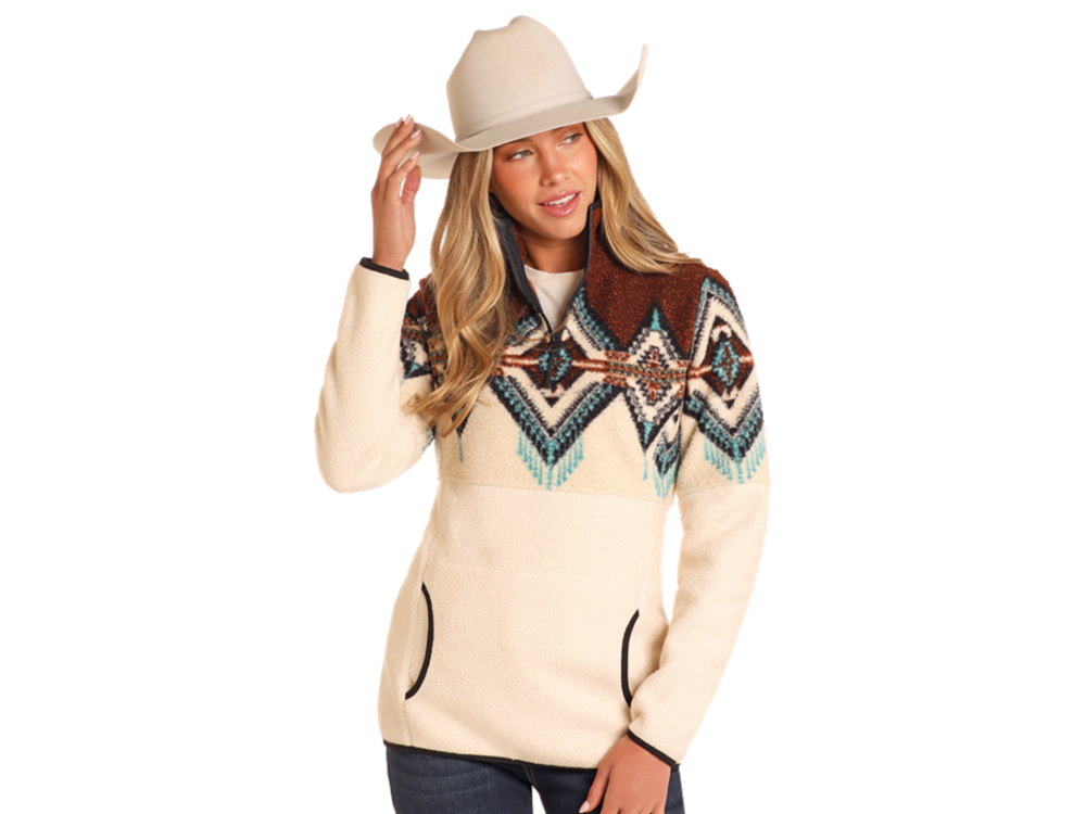 Rock and Roll Denim Border Berber Sweater- Brown- DW91C04069