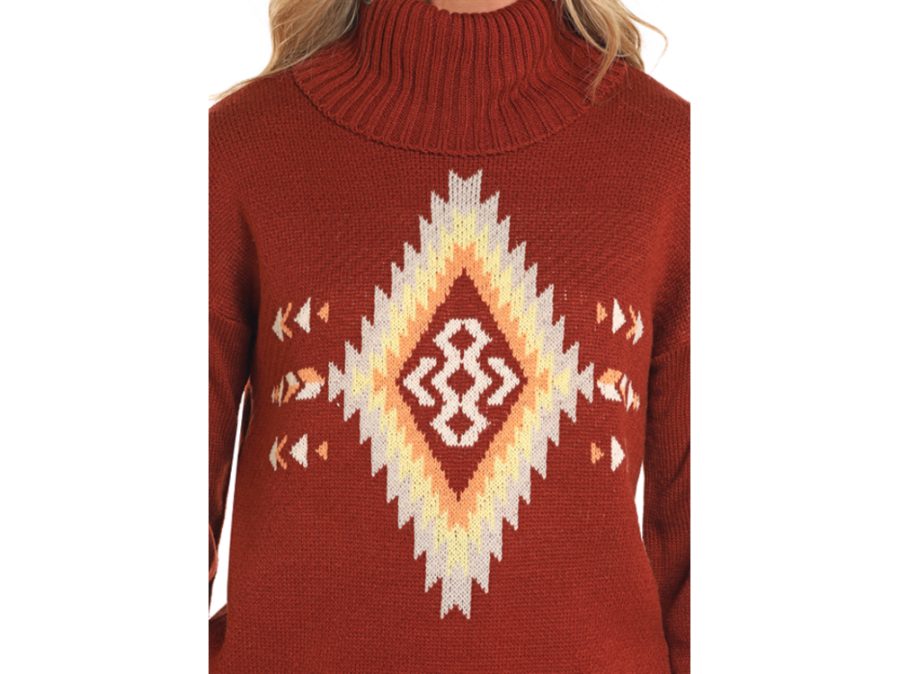 Rock and Roll Denim Aztec Turtleneck Sweater- BW32T04503- Red-