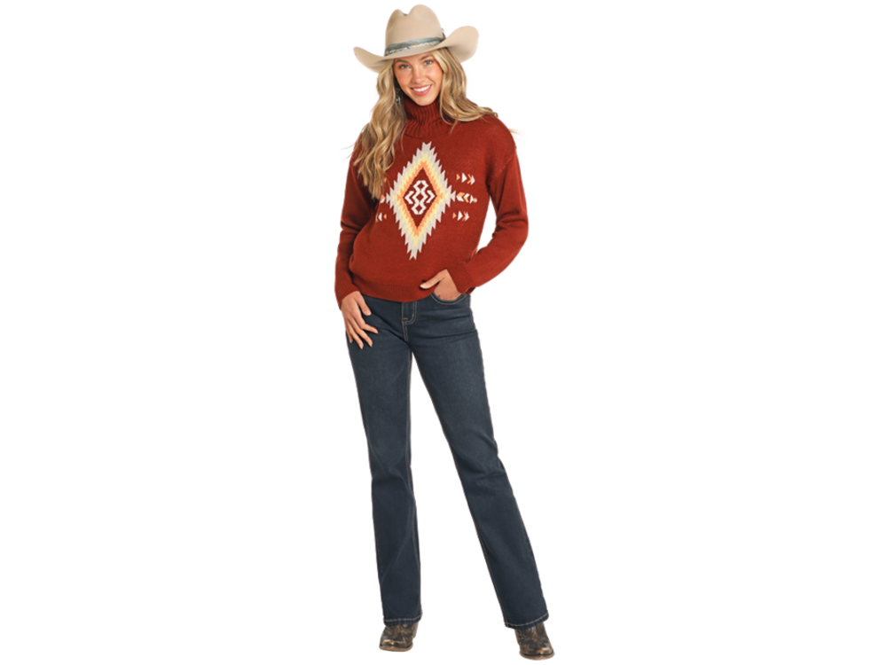 Rock and Roll Denim Aztec Turtleneck Sweater- BW32T04503- Red-