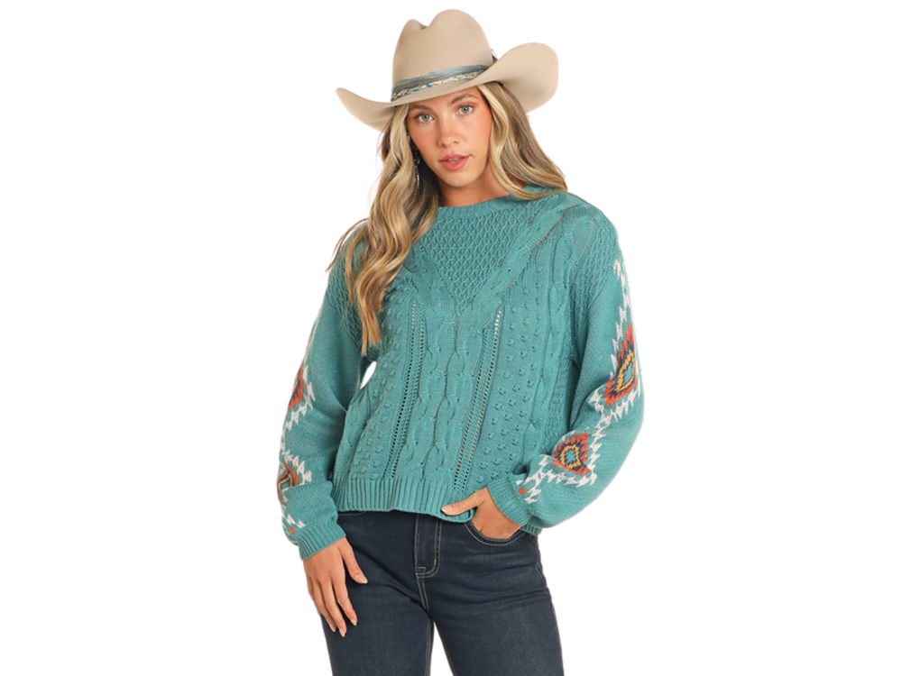 Rock and Roll Denim Aztec Sleeve Sweater- BW32T04469- Blue-