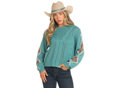 Rock and Roll Denim Aztec Sleeve Sweater- BW32T04469- Blue-