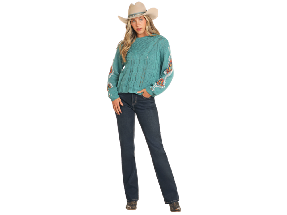 Rock and Roll Denim Aztec Sleeve Sweater- BW32T04469- Blue-