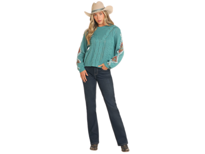 Rock and Roll Denim Aztec Sleeve Sweater- BW32T04469- Blue-