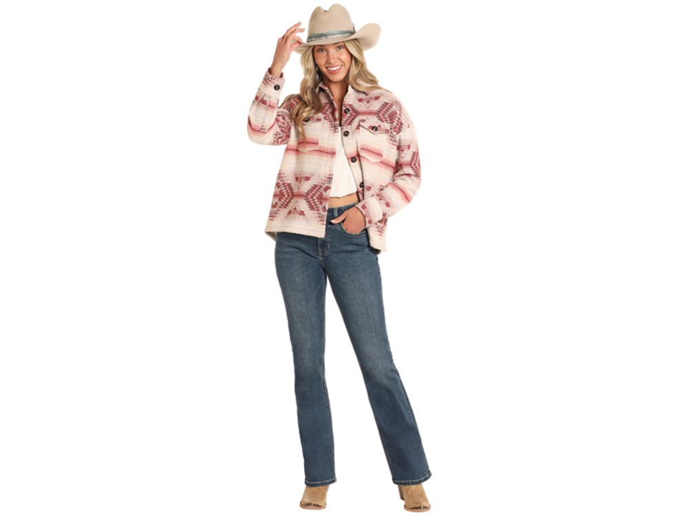 Rock and Roll Denim Aztec Shacket with Sherpa Lining- BW92C04319- Natural-