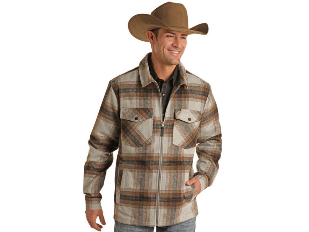 Rock and Roll Denim Plaid Zip-Up Shacket- BM92C01920- Grey