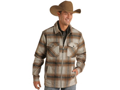 Rock and Roll Denim Plaid Zip-Up Shacket- BM92C01920- Grey