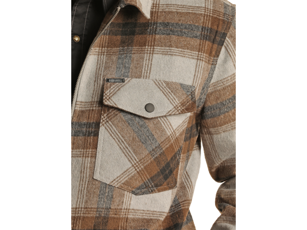 Rock and Roll Denim Plaid Zip-Up Shacket- BM92C01920- Grey