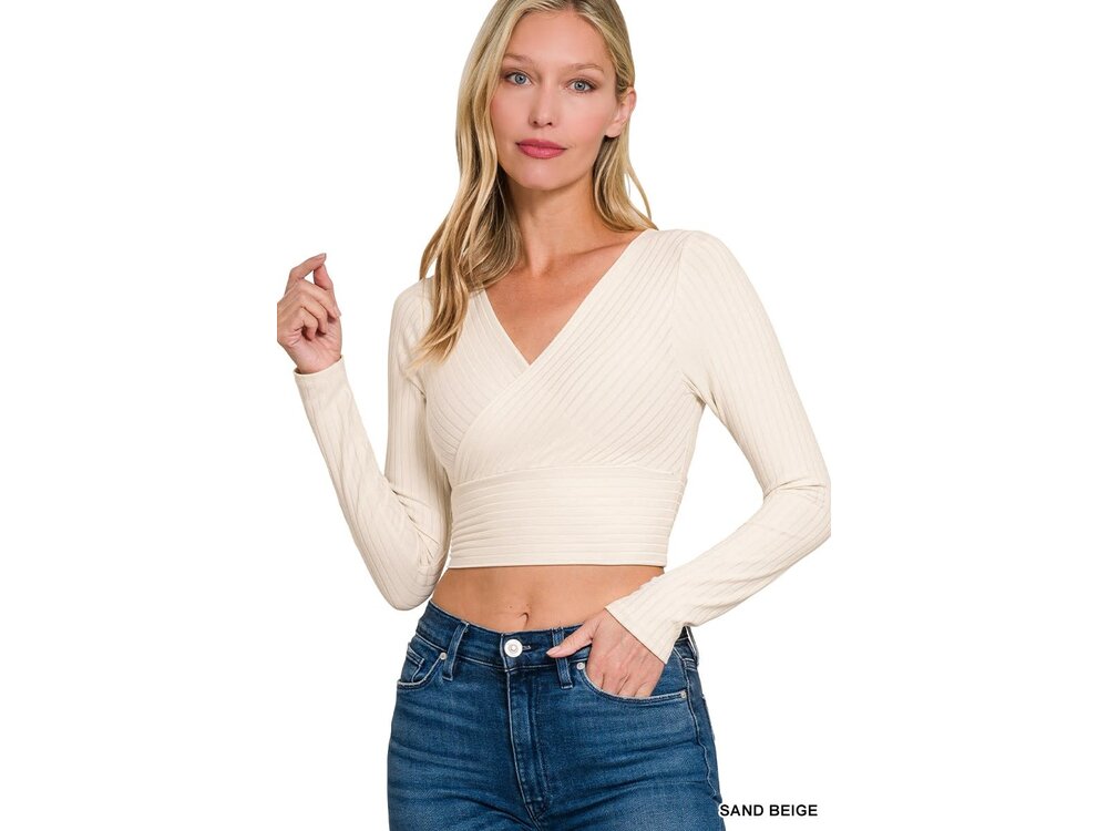 Ribbed Cross Front Cropped Long Sleeve- RRT-8526Y- Sand Beige