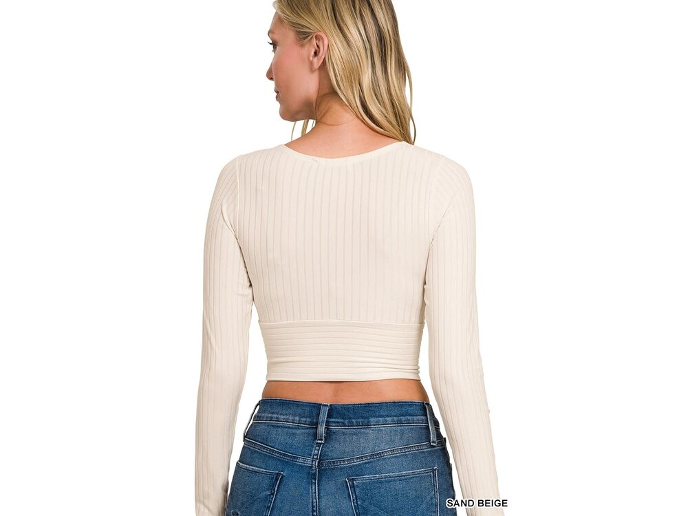 Ribbed Cross Front Cropped Long Sleeve- RRT-8526Y- Sand Beige