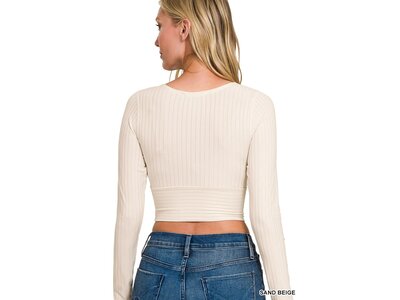 Ribbed Cross Front Cropped Long Sleeve- RRT-8526Y- Sand Beige