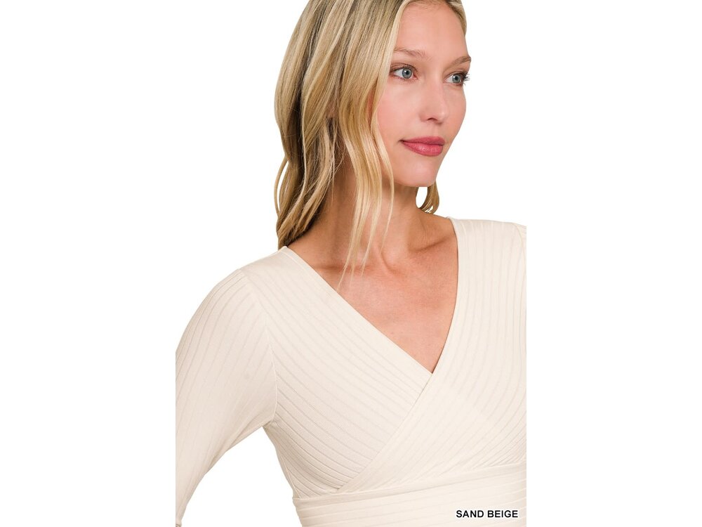 Ribbed Cross Front Cropped Long Sleeve- RRT-8526Y- Sand Beige