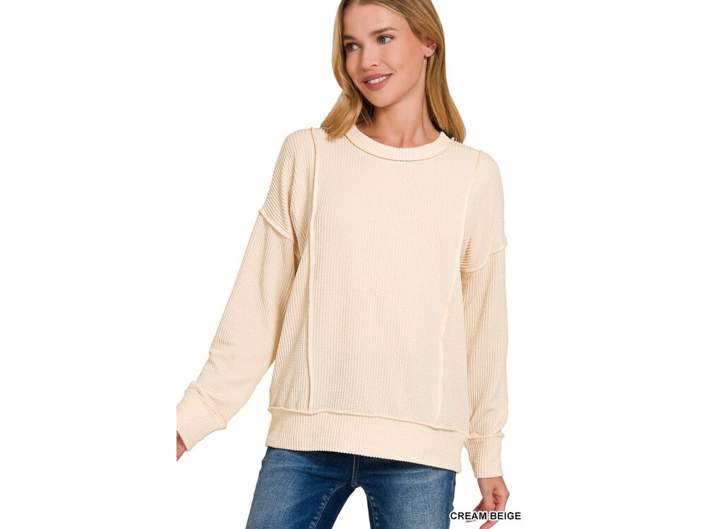 Ribbed Exposed Seam Lightweight Sweater- RTL-8562Y- Cream Beige-