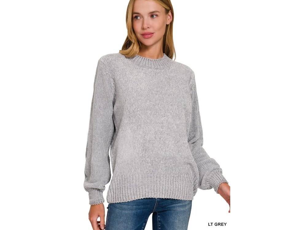 Chenille Balloon Sleeve Sweater- TW-3419A- Light Grey-