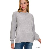 Chenille Balloon Sleeve Sweater- TW-3419A- Light Grey-