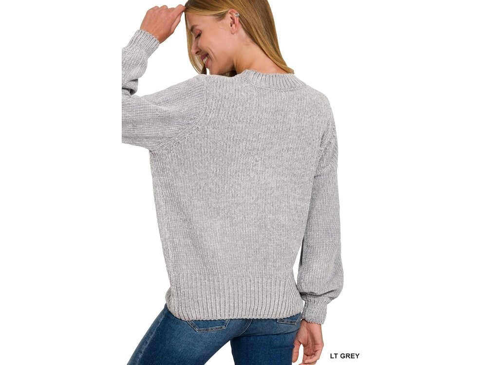 Chenille Balloon Sleeve Sweater- TW-3419A- Light Grey-