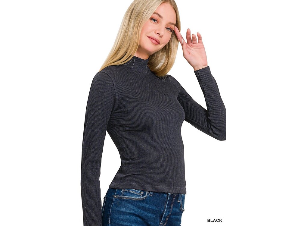 Ribbed Seamless Mock Neck Long Sleeve- NT-6323A- Black-
