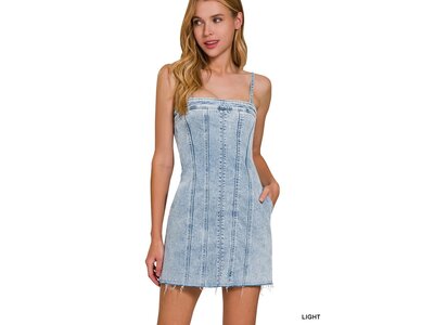 Light Wash Denim Cami Dress with Pockets- DTS-1930A5
