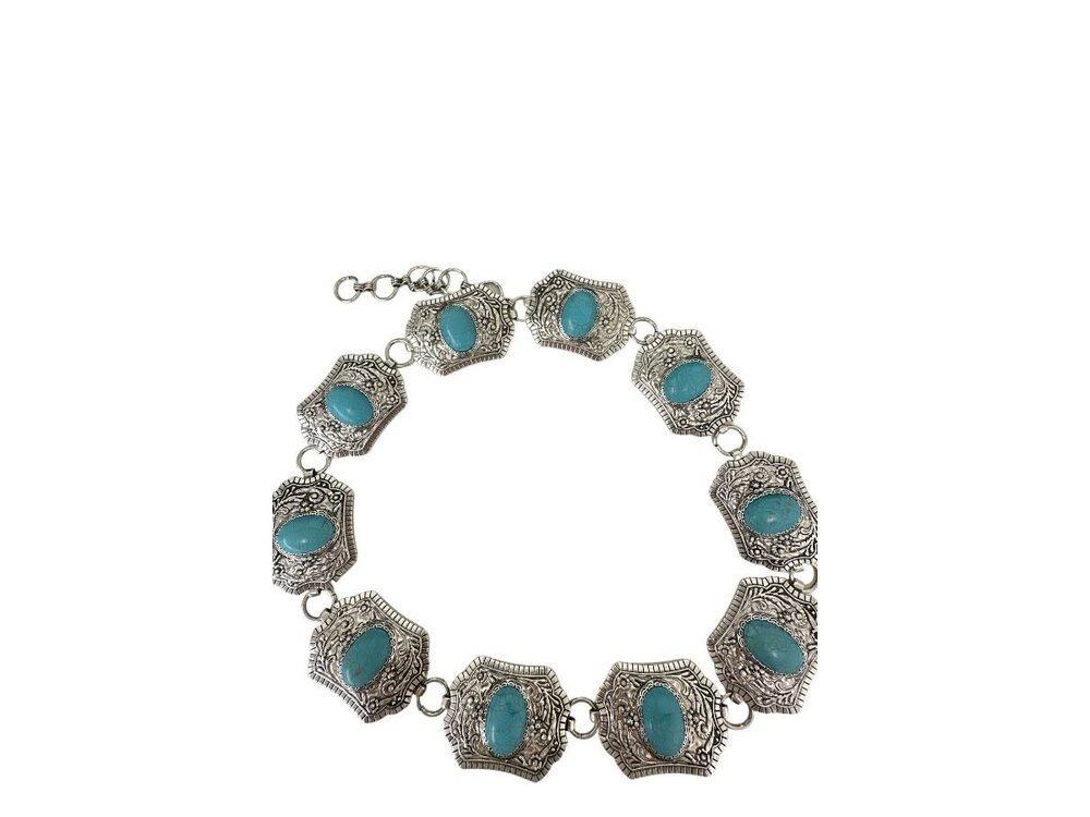 Rectangle Concho Belt with Crystal Accents- Silver/Turquoise- 35in-