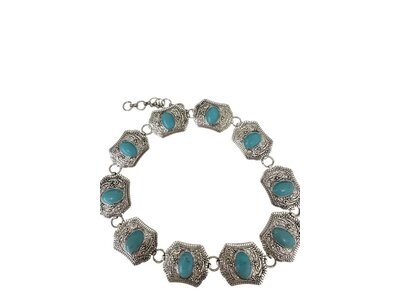 Rectangle Concho Belt with Crystal Accents- Silver/Turquoise- 35in-