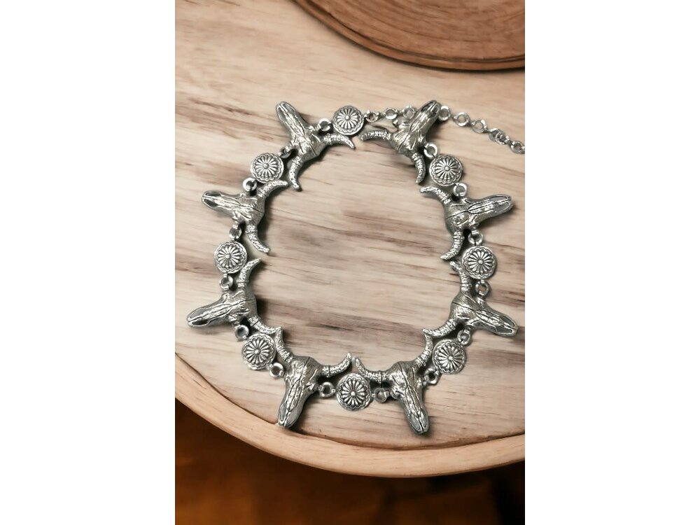 Western Steer Head Concho Belt- Silver-