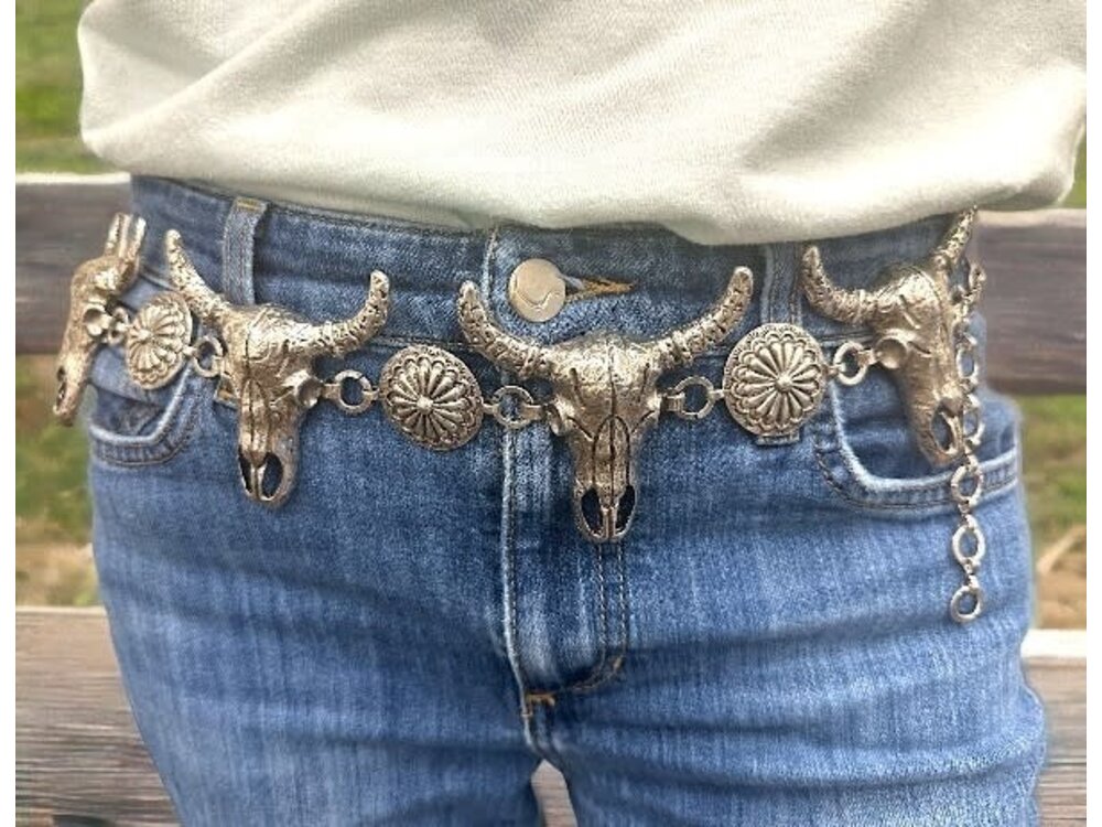 Western Steer Head Concho Belt- Silver-