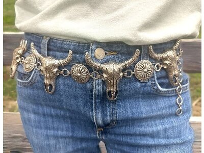 Western Steer Head Concho Belt- Silver-