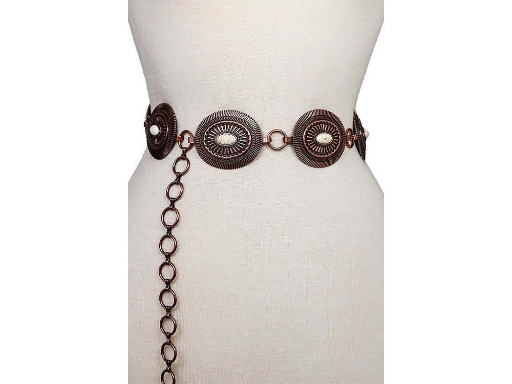 Oval Etched Concho Belt- Copper/White- S/M