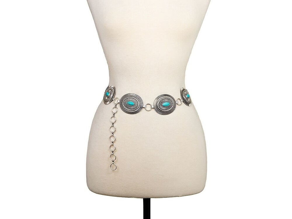Oval Etched Concho Belt- Silver/Turquoise- L/XL