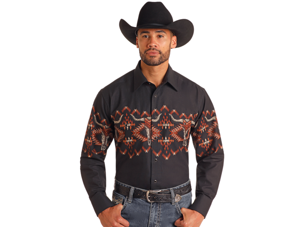 Rock and Roll Denim Borders Snap Long Sleeve- SMN2S06048- Skull Black-