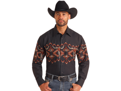 Rock and Roll Denim Borders Snap Long Sleeve- SMN2S06048- Skull Black-