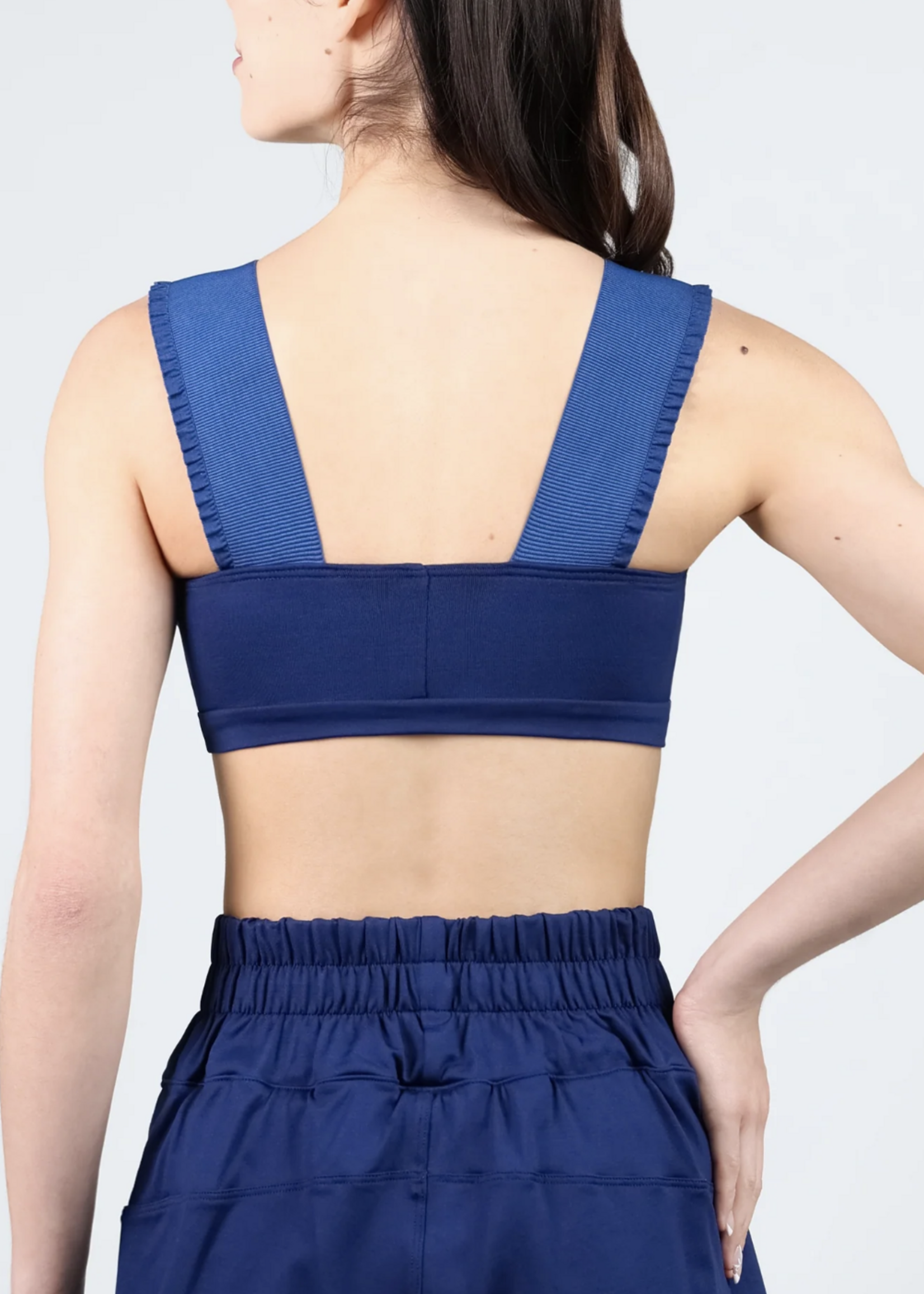 SUFFOLK VARSITY RUFFLE STRAP CROP TOP